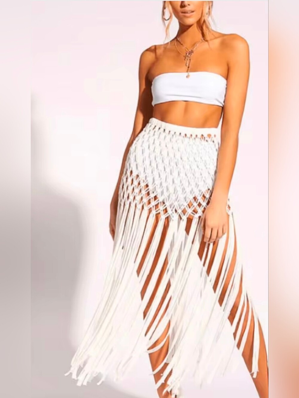 White Crochet Fringe Beach Cover-Up Sarong
